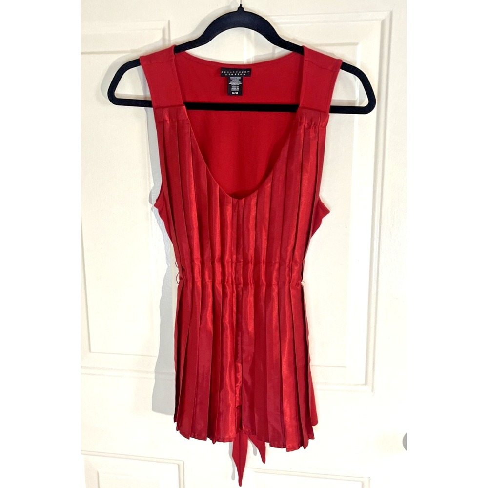 Apostrophe Stretch Red Satin Pleated Tank Top V-Neck Tie Back Size M Y2K Holiday